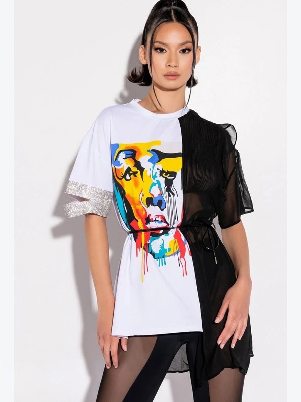 AKIRA White & Black Mixed-Media Graphic Tee with Colorful Face Print